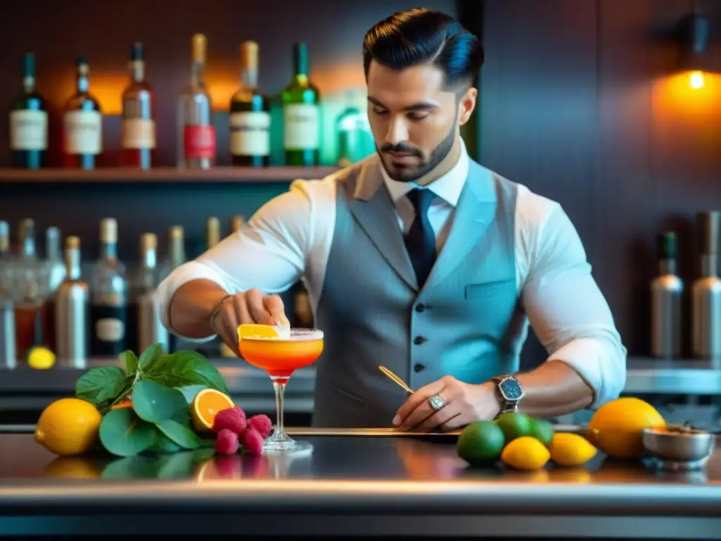 Un bartender creando un coctel gourmet, con trucos de bartenders y una atmósfera cálida