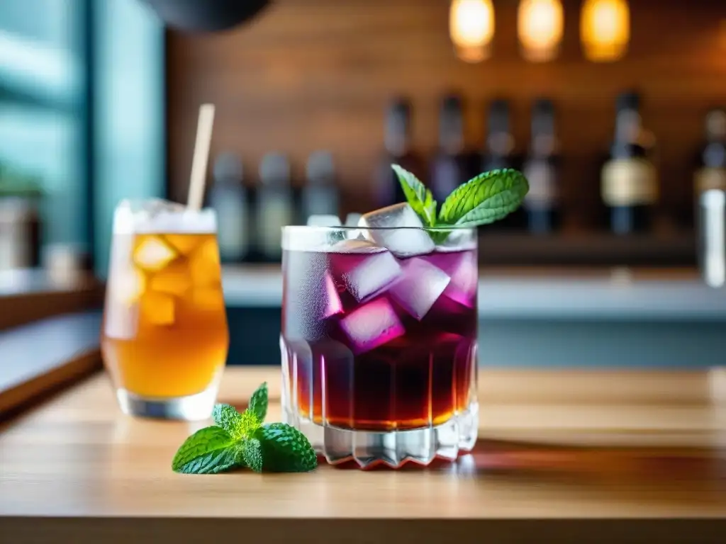 Kombucha morado: cóctel vibrante con jengibre y menta Cóctel innovador con kombucha: vaso de cristal con kombucha morada, jengibre, menta y miel, en elegante bar