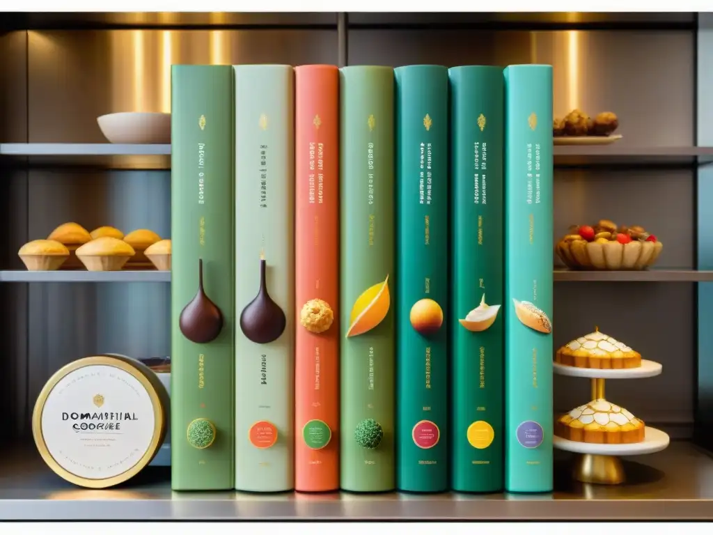 Una colección de libros de cocina de chefs de pastelería, detallados y coloridos, invita a descubrir un mundo culinario único