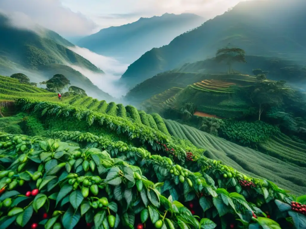 Plantación de café en los Andes colombianos con cafetales verdes bajo el sol matutino