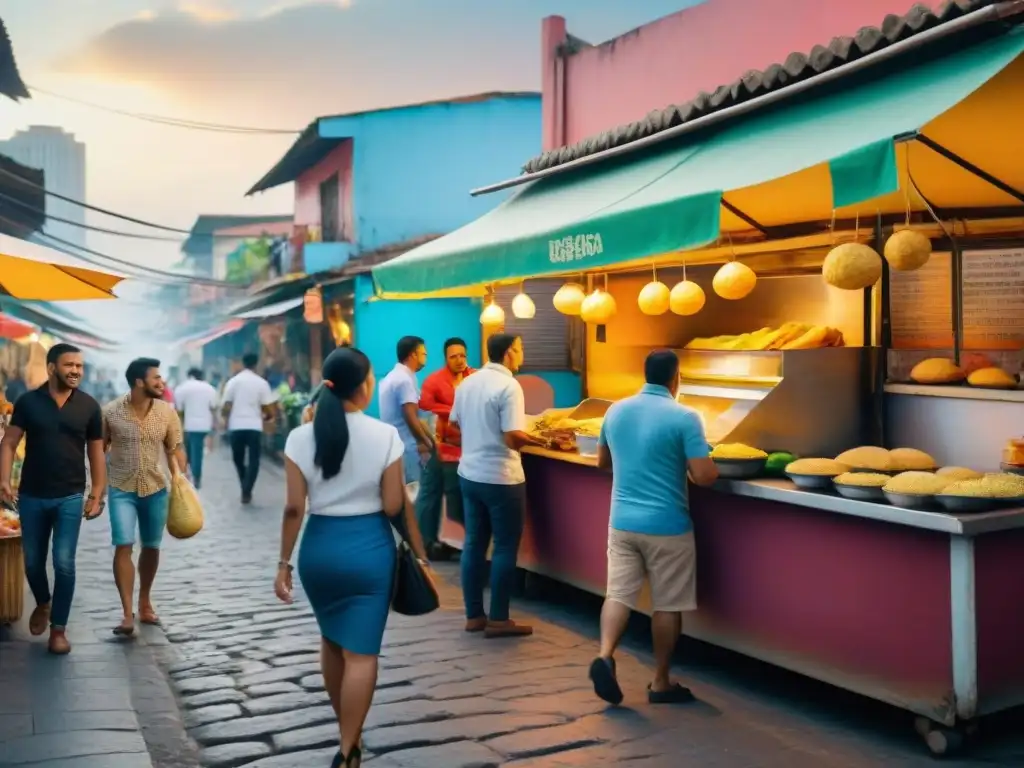 Una colorida calle llena de puestos de comida callejera en una ciudad vibrante de América Latina al atardecer