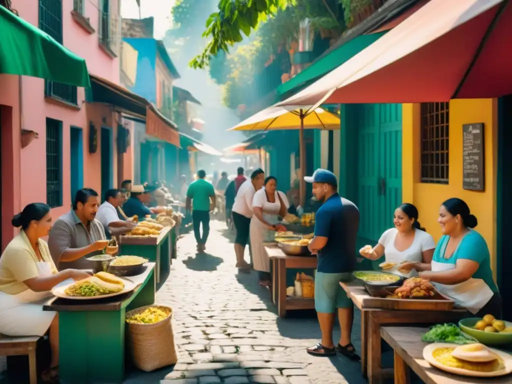 Colorida comida callejera uniendo comunidades en América Latina, bajo árboles y la luz del sol