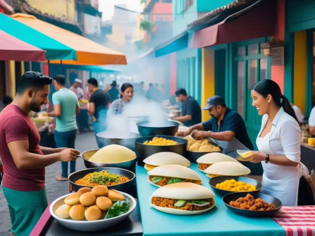 Colorida comida callejera en América Latina: puestos de arepas, tacos, empanadas y ceviche en bulliciosa calle