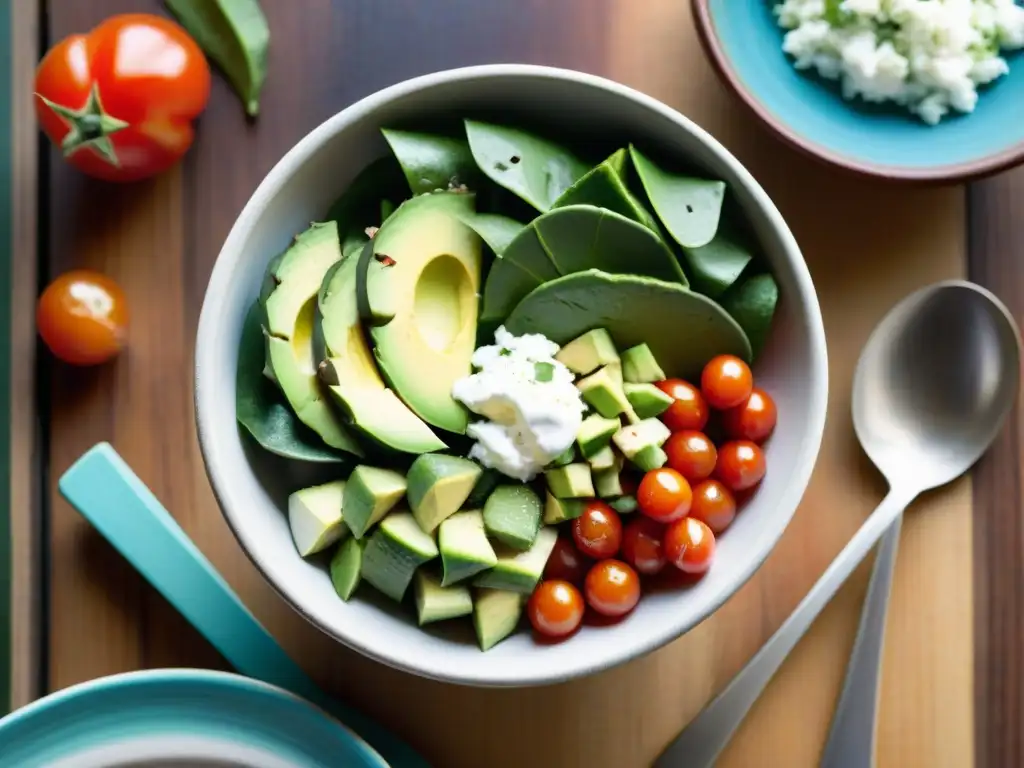 Una colorida ensalada con nopal en la gastronomía actual: fresca, vibrante y tentadora, sobre una mesa de madera rústica