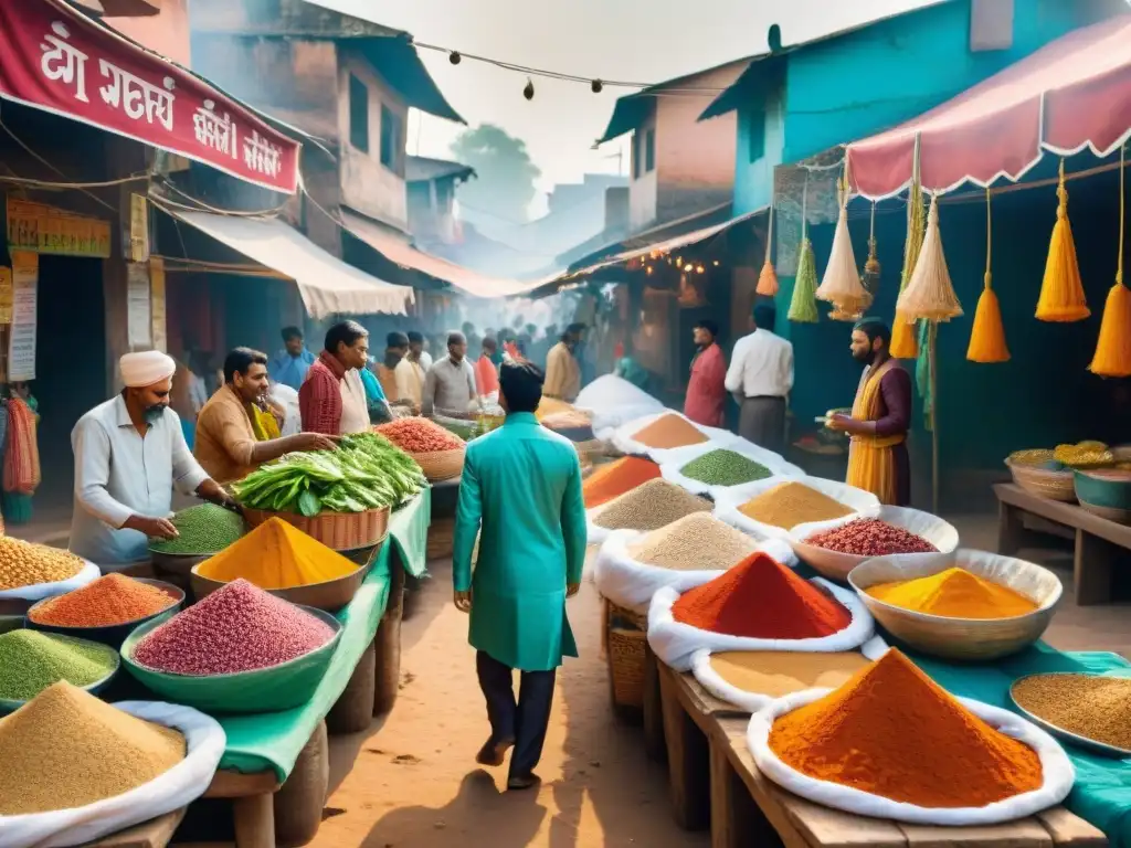 Una colorida escena en un bullicioso mercado callejero de la India, con las mejores especias y ingredientes tradicionales en exhibición