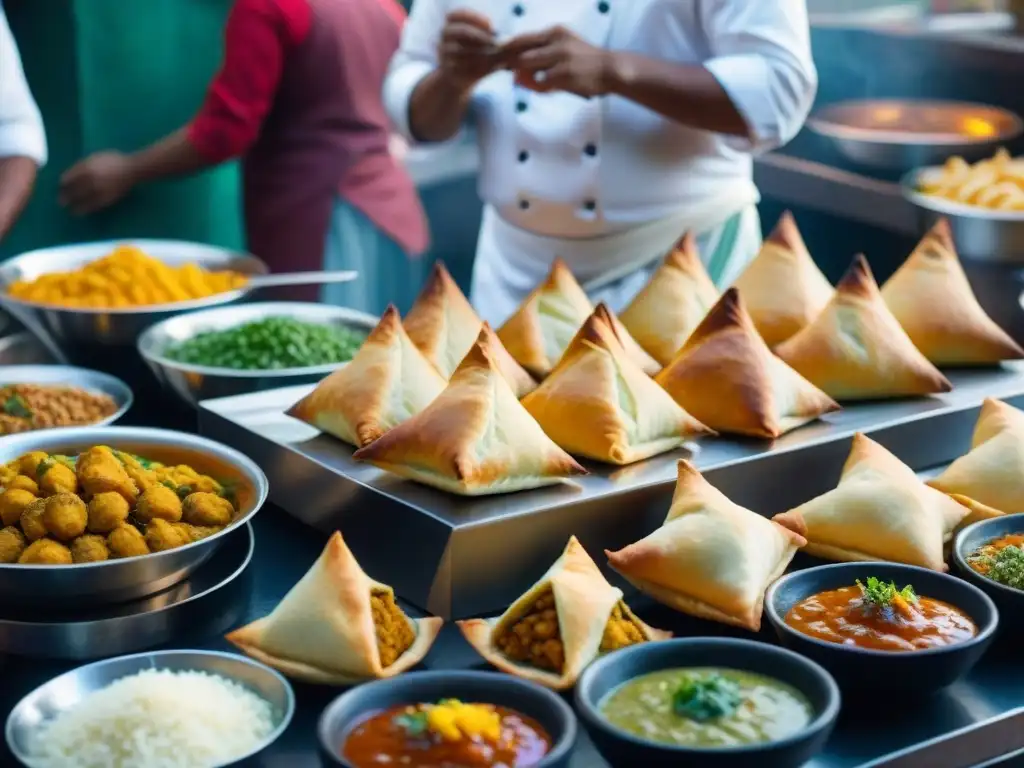 Una colorida escena de un bullicioso mercado de comida callejera en India, con los mejores Samosa Chaat y la tradición culinaria del país