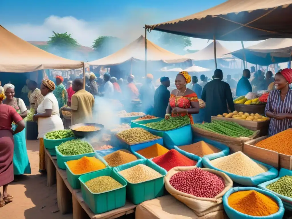 Una colorida escena de mercado africano con tendencias gastronomía africana futuro: vendedores locales, especias exóticas y cocina callejera diversa