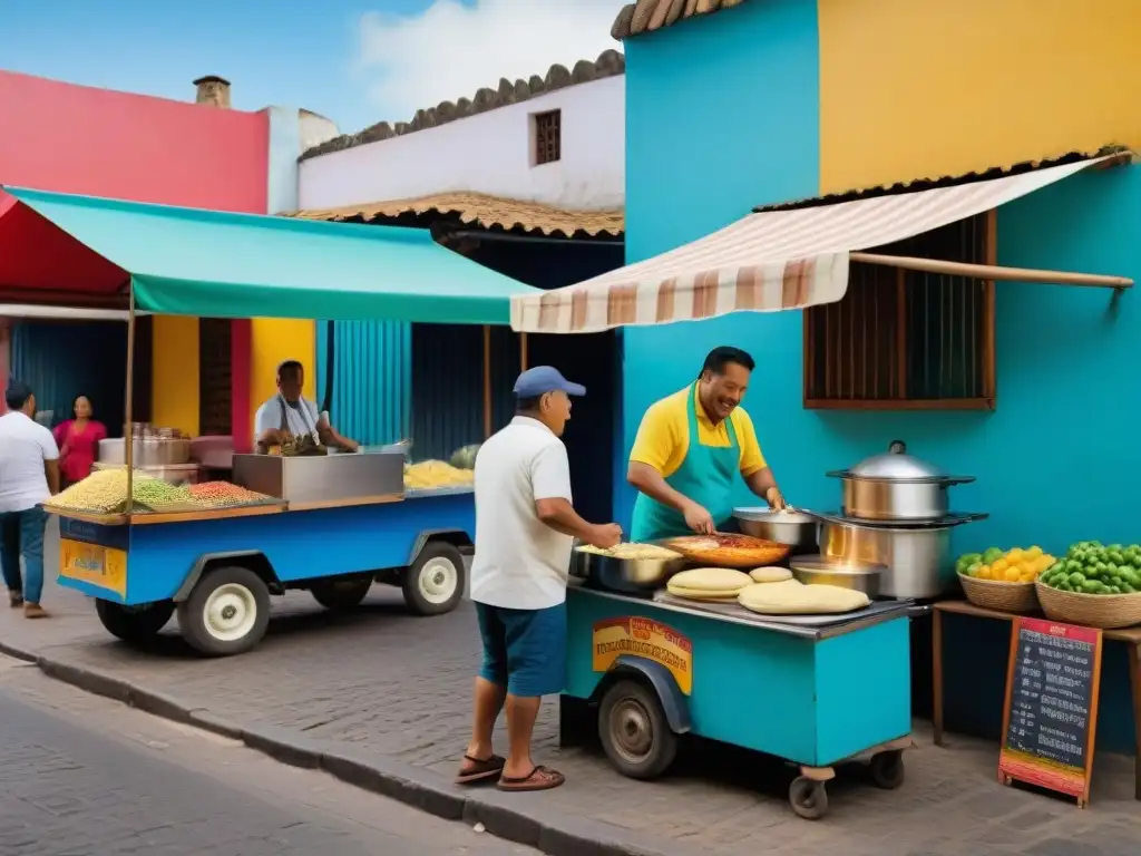 Colorida escena de mercado callejero en América Latina con una variedad de comida callejera tradicional