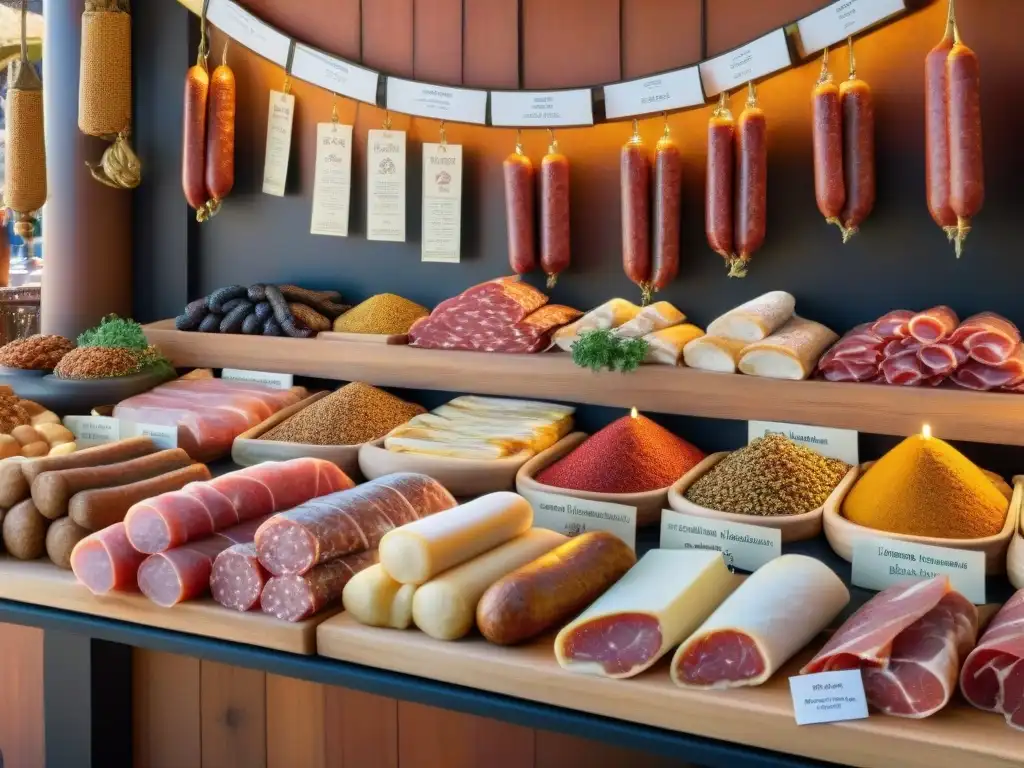 Una colorida escena en un mercado español con influencia árabe que exhibe una tentadora variedad de charcutería tradicional