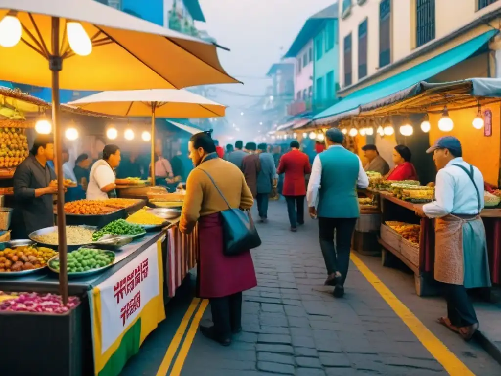 Una colorida escena de la vibrante comida callejera peruana gourmet en las bulliciosas calles de Lima