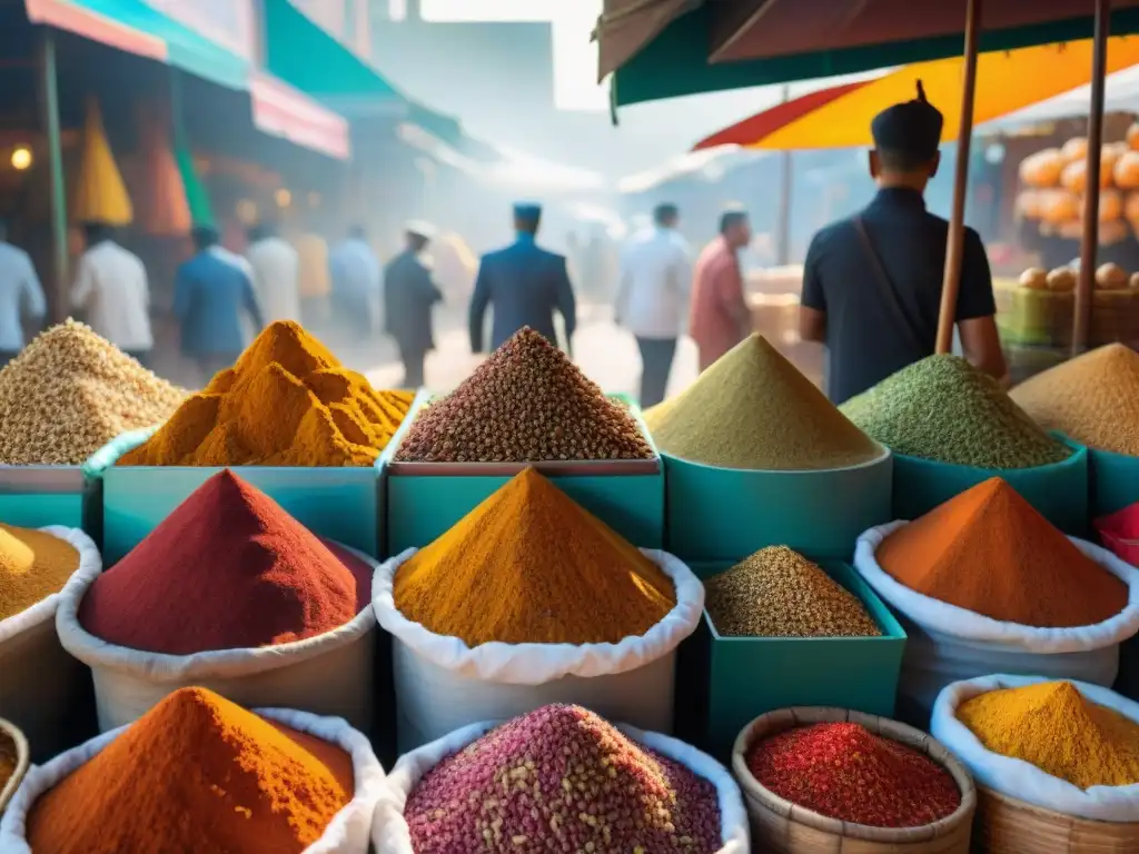 Una colorida exhibición de especias en un mercado asiático bullicioso