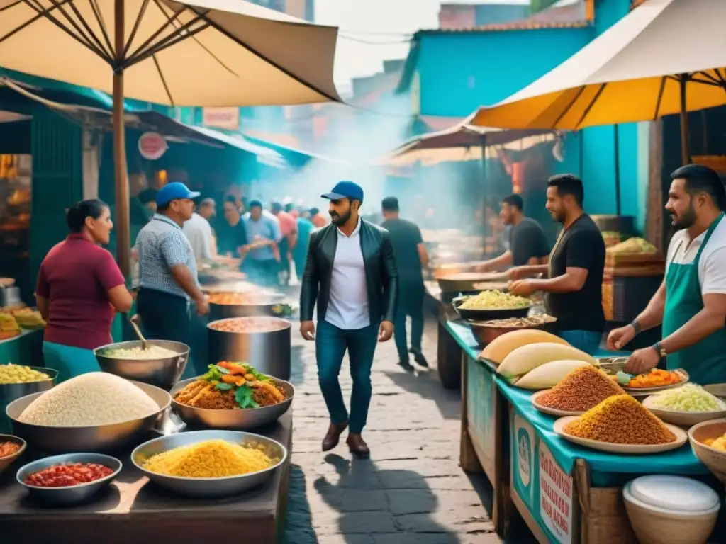 Una colorida feria de comida callejera en América Latina, con puestos de tacos, arepas, empanadas y ceviche