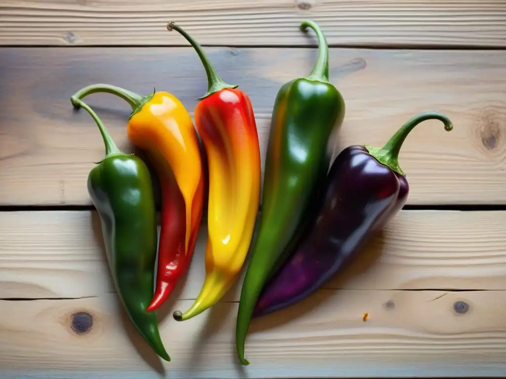 Chiles mexicanos vibrantes en mesa rústica Una colorida variedad de chiles autóctonos de México en una mesa rústica, goteando agua, listos para deleitar