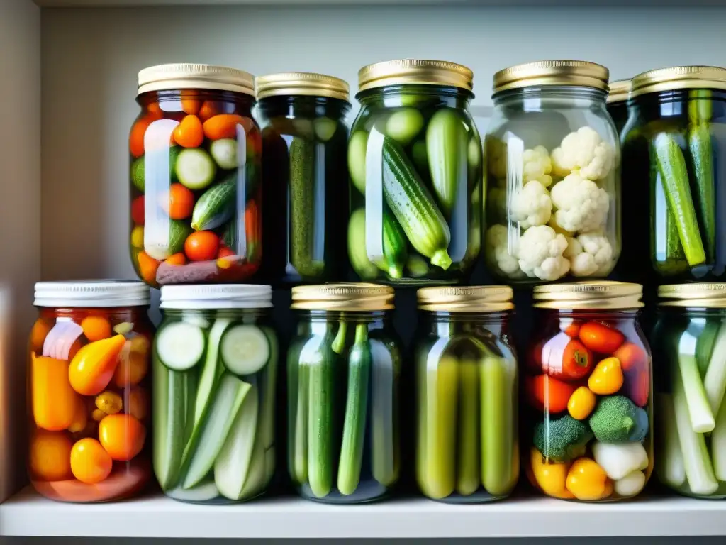 Una colorida variedad de verduras encurtidas en frascos de vidrio