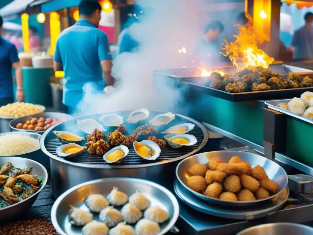 Colorido mercado callejero en Singapur con puestos de comida gourmet