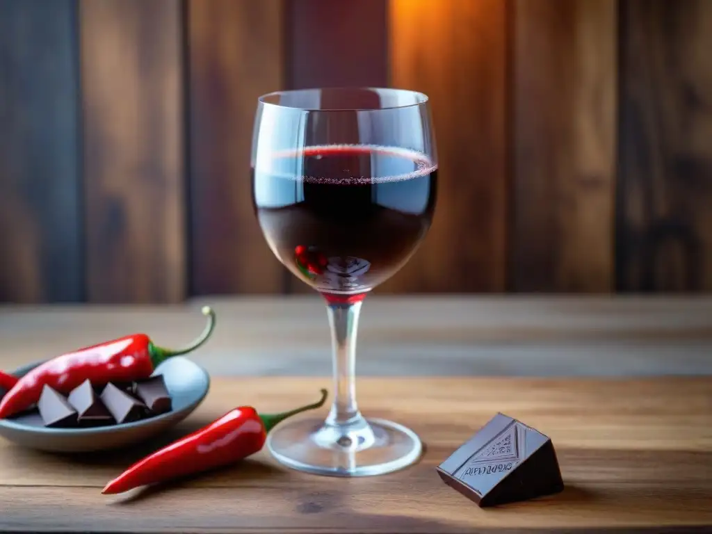 Combinaciones atrevidas de chiles, chocolate y vino en una copa elegante