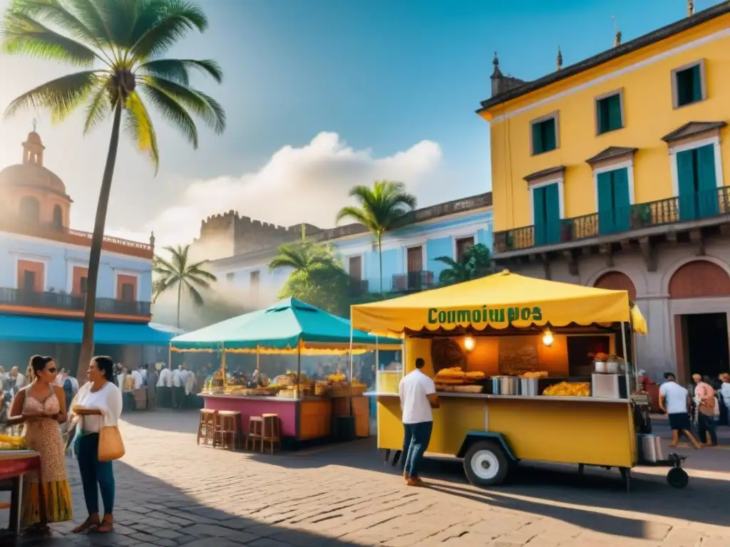 Comida callejera uniendo comunidades en una plaza latinoamericana vibrante con puestos de tacos, arepas y empanadas