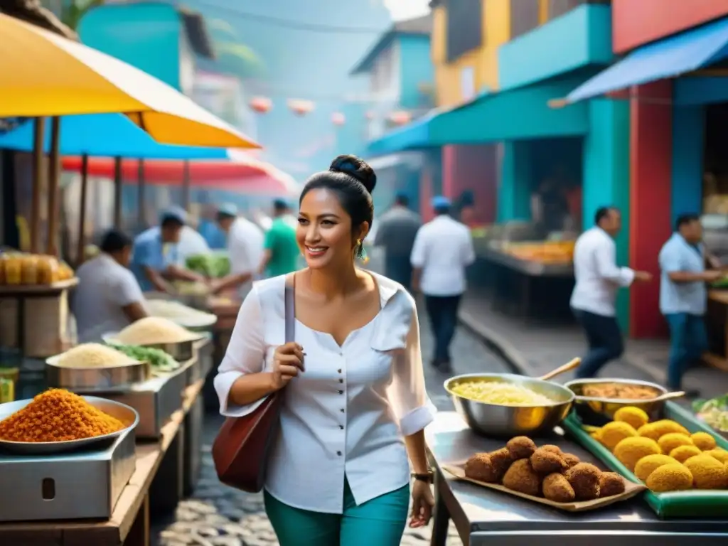 Comida callejera gourmet en América Latina: Mercado vivaz y colorido con chefs preparando platos exquisitos y ambiente festivo