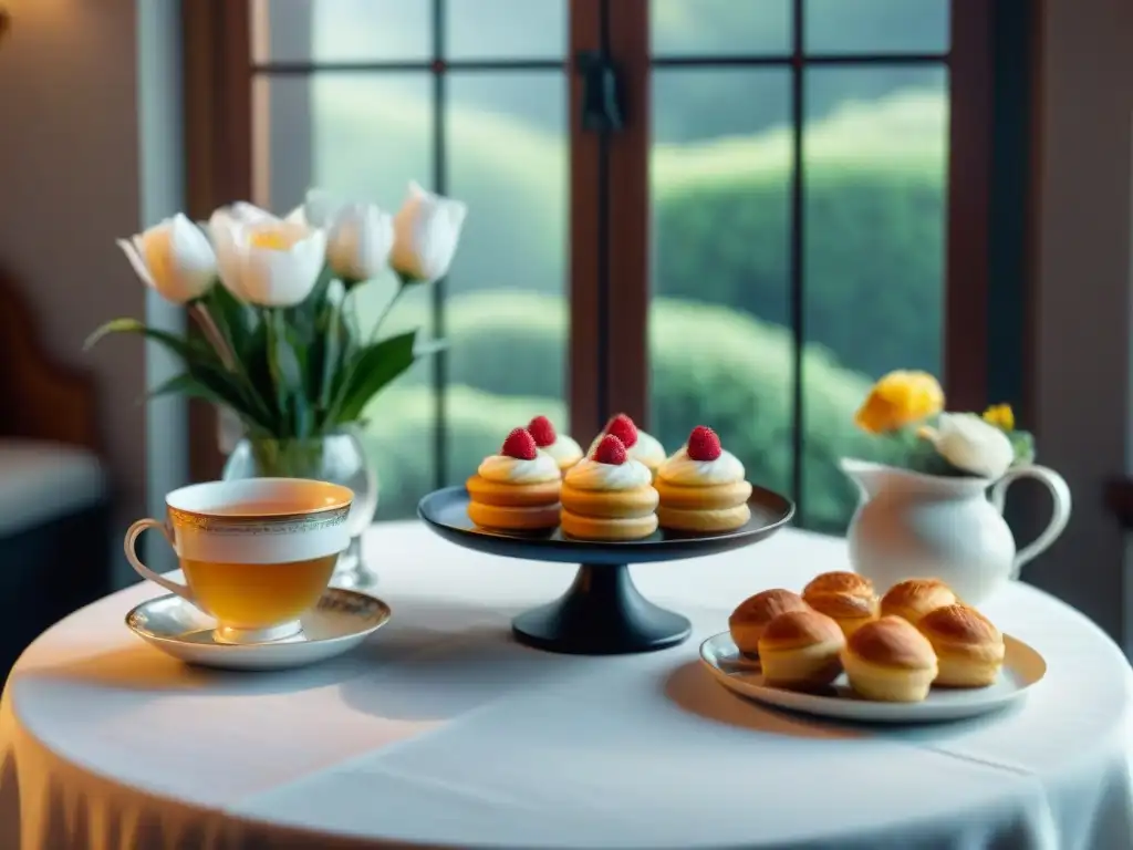 Organizar degustación de té y comida en una mesa elegante con flores frescas y delicadas tazas de té