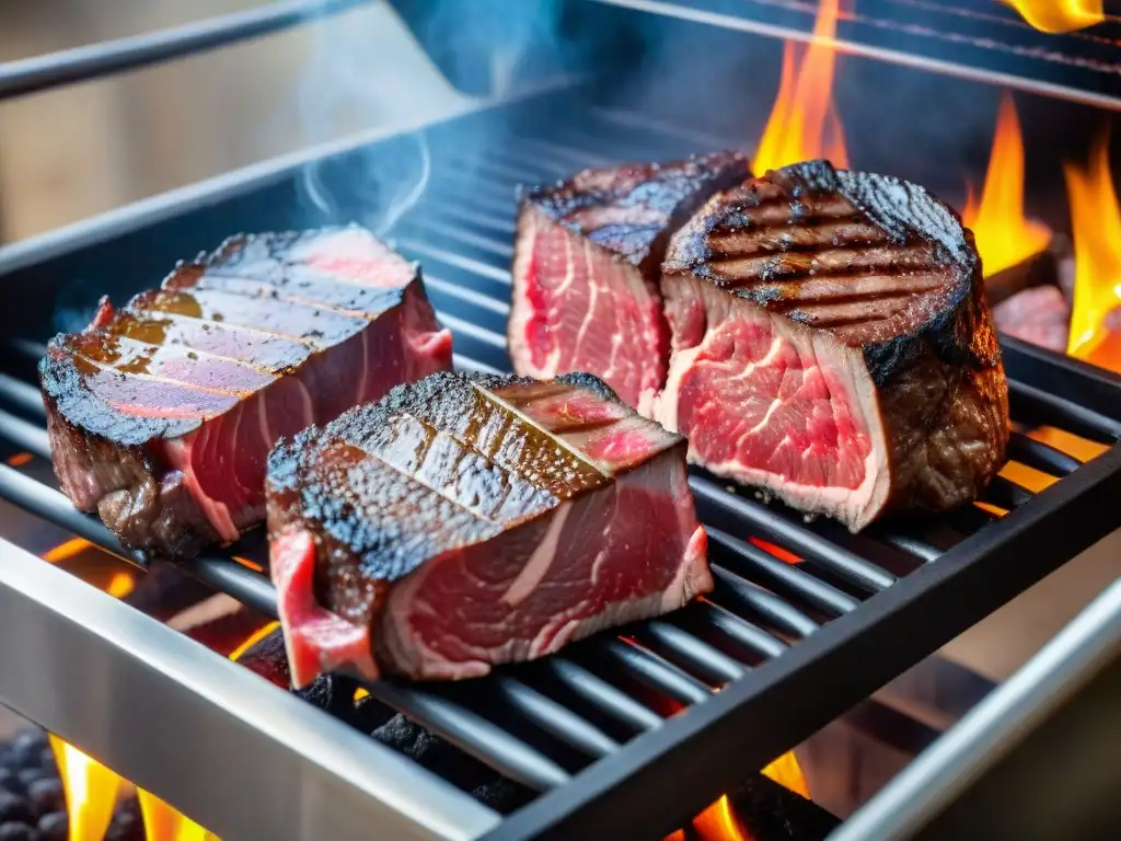 Delicias gourmet: Angus vs Comparativa Angus Wagyu carnes gourmet: dos jugosos filetes en la parrilla, uno Angus y otro Wagyu, con exquisito marmoleado y ambiente gourmet