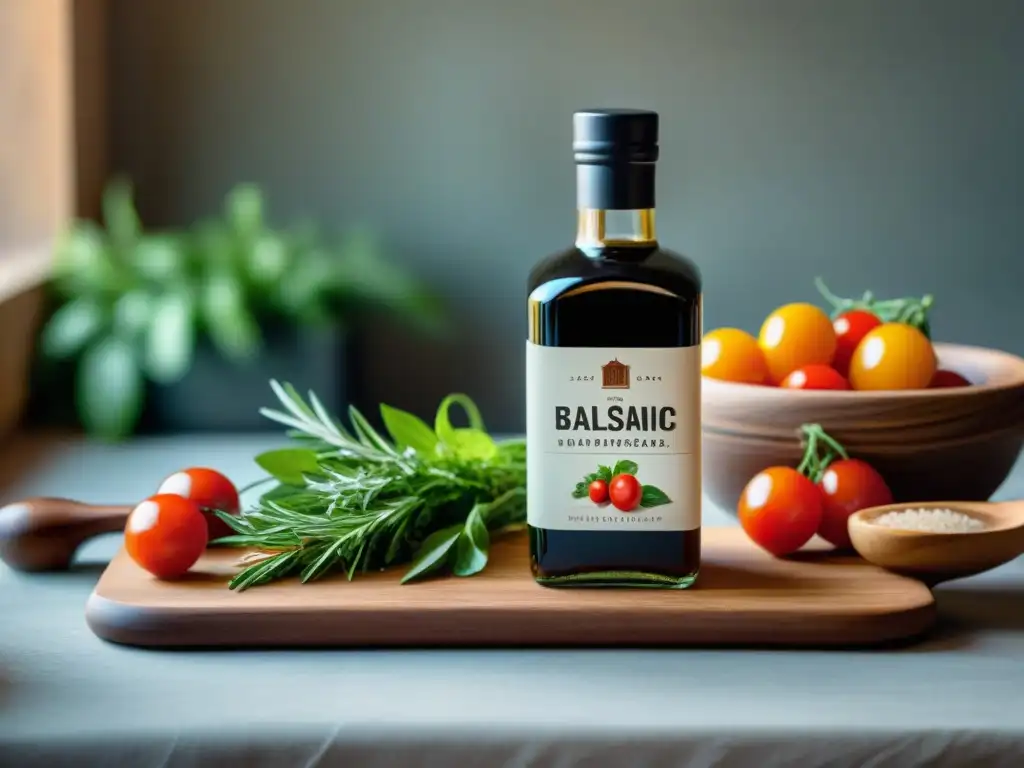 Escena gourmet: mesa de ingredientes para aderezos balsámicos Una composición culinaria de ingredientes para recetas originales de aderezos con vinagre balsámico