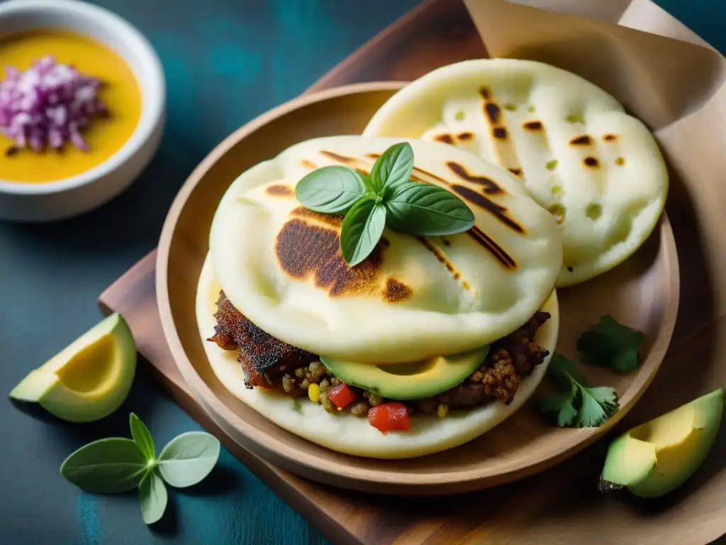 Una composición exquisita de arepas gourmet muestra la evolución culinaria latinoamericana