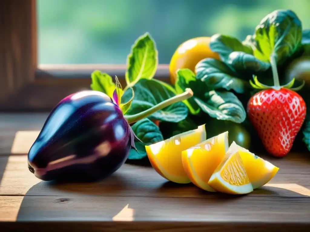 Una composición de frutas y verduras frescas en una mesa de madera rústica