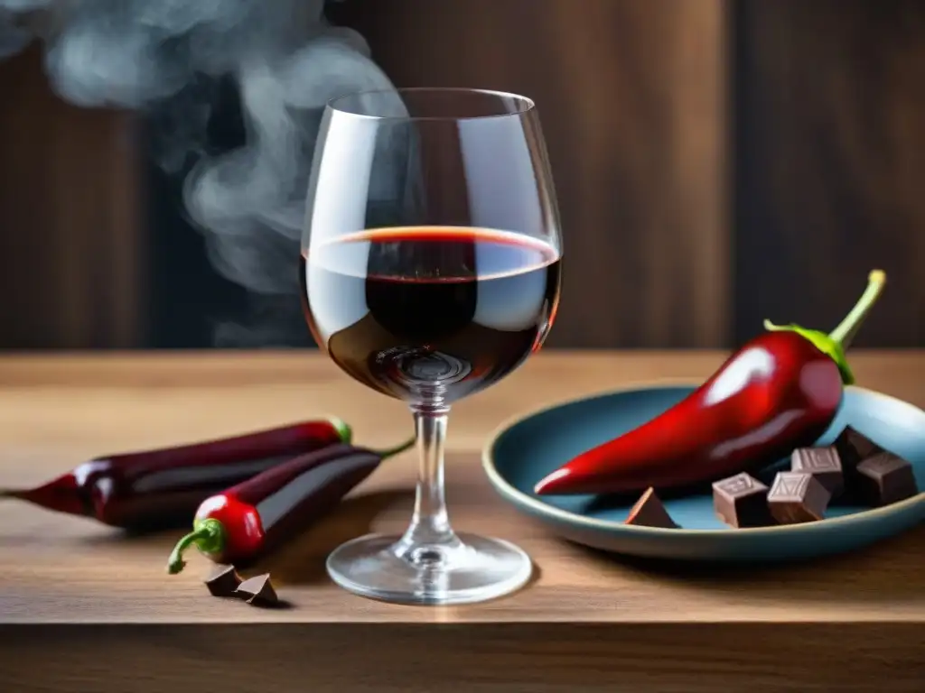 Una composición lujosa de vino, chiles y chocolate en una copa elegante sobre mesa de madera