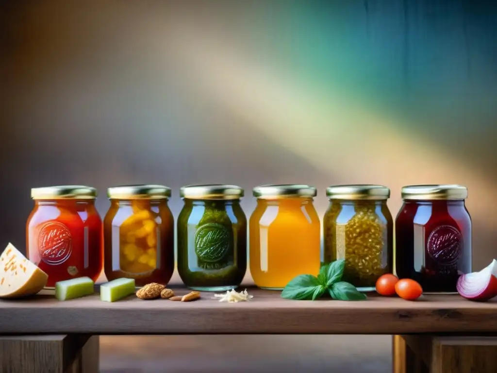 Delicias fermentadas: probióticos coloridos en mesa rústica Una composición vibrante de alimentos fermentados saludables en una mesa rústica, mostrando colores y texturas