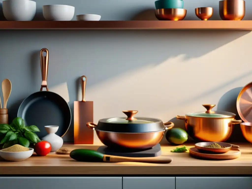 Una composición visual evocadora que muestra la evolución de utensilios de cocina influenciados por diversas culturas en un moderno mostrador