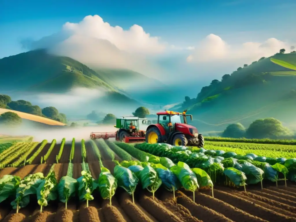 Una comunidad de agricultores orgánicos sonrientes trabajando juntos en campos verdes bajo el cielo azul