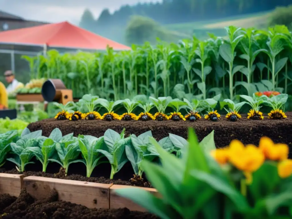 Un jardín comunitario bullicioso detrás de un restaurante, con frutas, verduras y hierbas creciendo en el suelo de compostaje