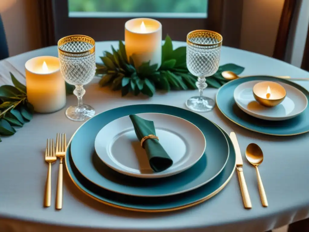 Consejos gourmet para decorar mesas en espacios pequeños: mesa elegante en acogedor comedor con vajilla refinada y luz de velas