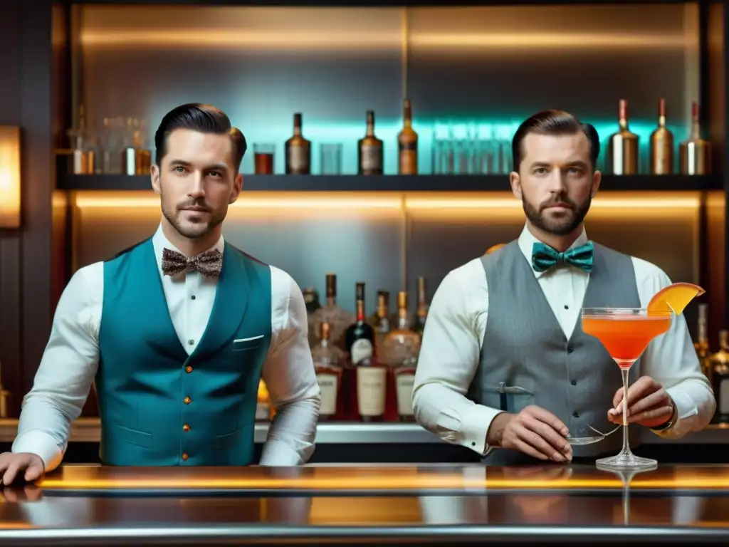 Contraste entre un bar de cocteles clásico y uno moderno, mostrando la evolución de la coctelería