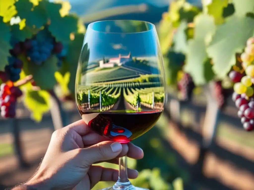 Una copa de vino tinto, llena de ricos matices, en un viñedo