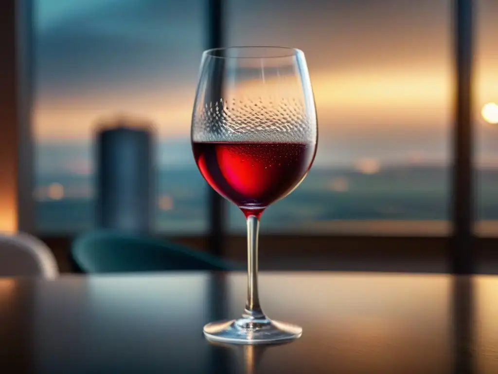 Una copa de vino sensorial gourmet correcta, llena de un tinto profundo, brillando bajo la luz ambiental en un elegante entorno de mesa