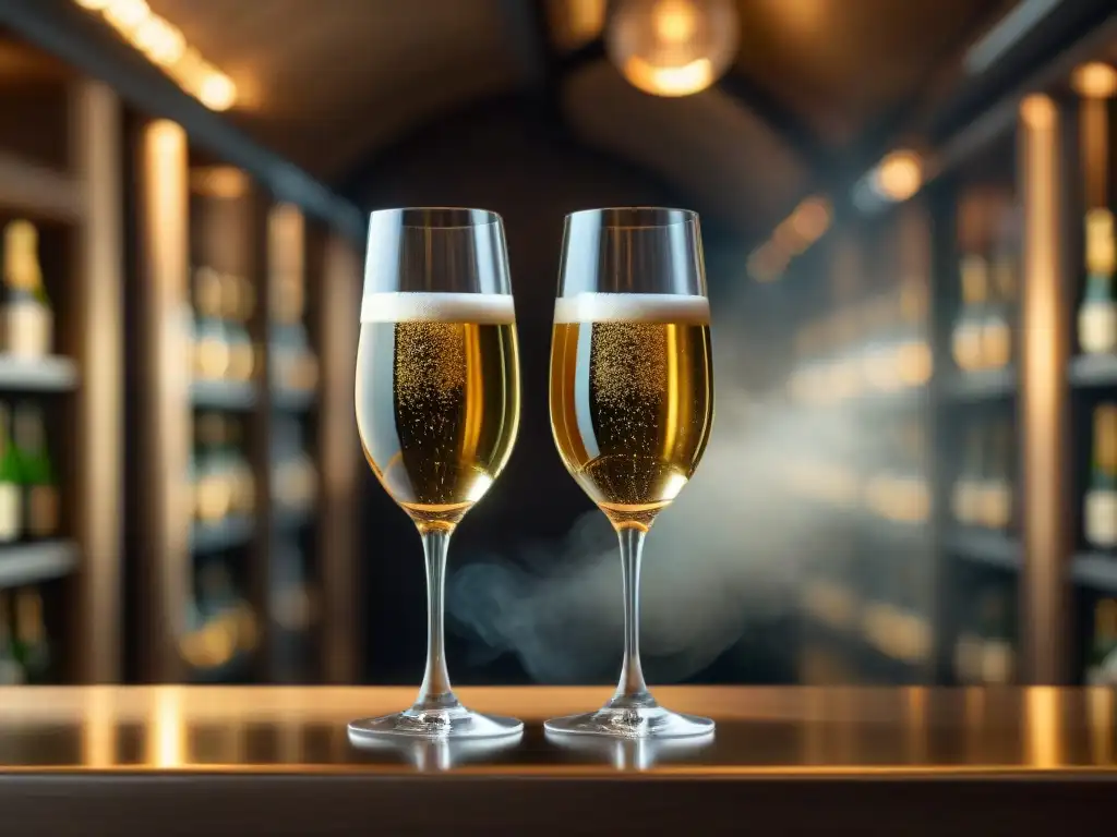 Dos copas de champagne relucientes en una elegante bodega de champagne, destacando las diferencias entre Champagne y Cava