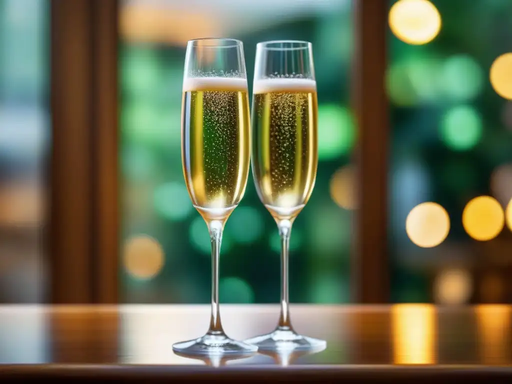 Dos copas elegantes, una con Champagne y otra con Cava, sobre mesa de madera iluminadas por luz natural