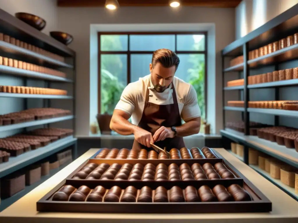 En el corazón de una chocolatería artesanal, un maestro chocolatero crea esculturas de chocolate con destreza y pasión