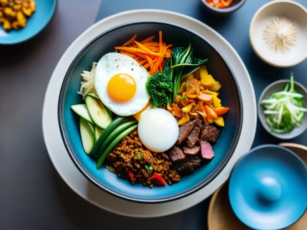 Un bibimbap coreano tradicional en un tazón de piedra caliente, con sabores audaces y colorida presentación