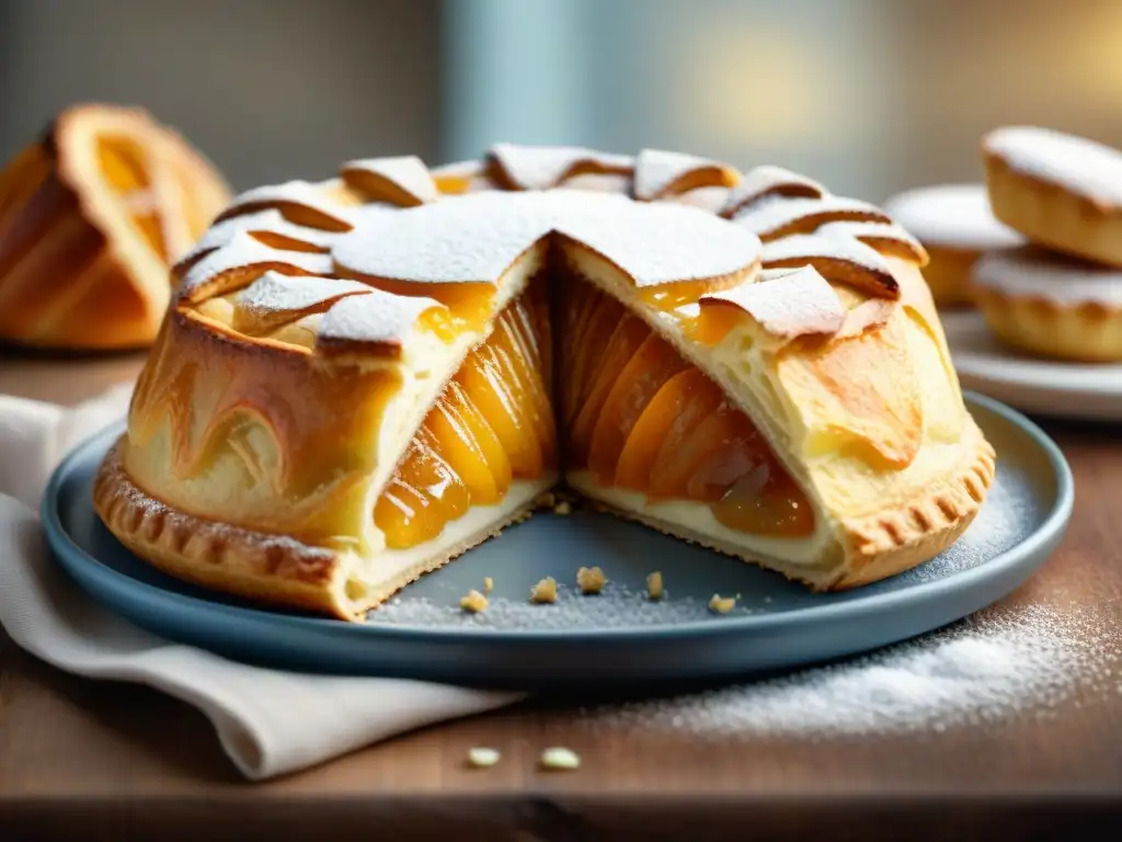 Una Galette des Rois dorada, recién cortada para revelar su cremoso relleno de almendra, con azúcar glass brillante