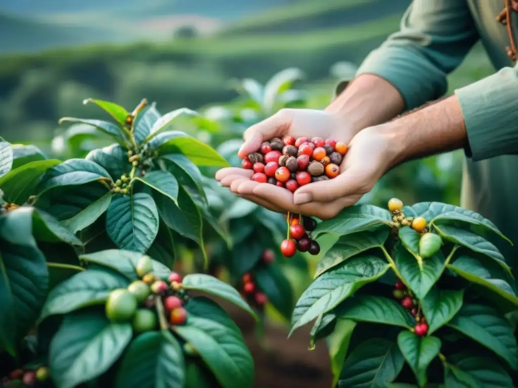 Plantación de café al amanecer, cosecha manual de granos maduros bajo un cielo vibrante