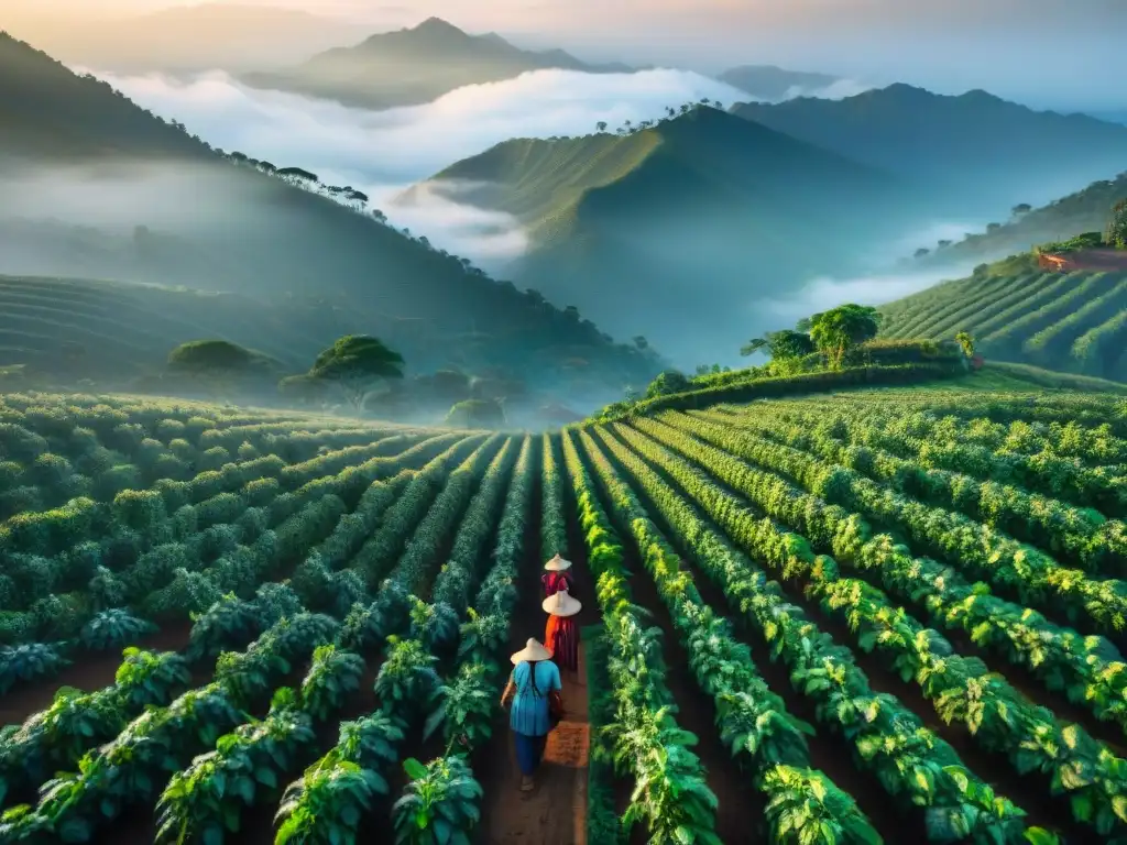 Plantación de café al amanecer, cosecha tradicional con impacto económico global del café