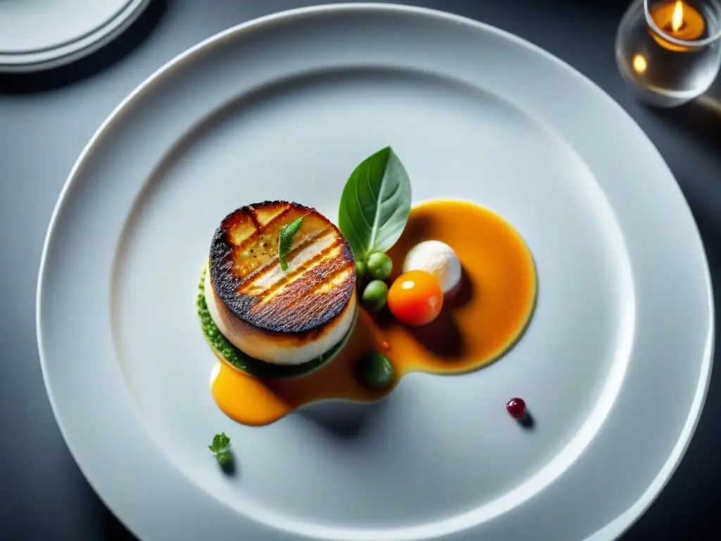 Fotografía creativa alta cocina: Detalle meticuloso y colorido de un exquisito plato gourmet en un elegante plato blanco