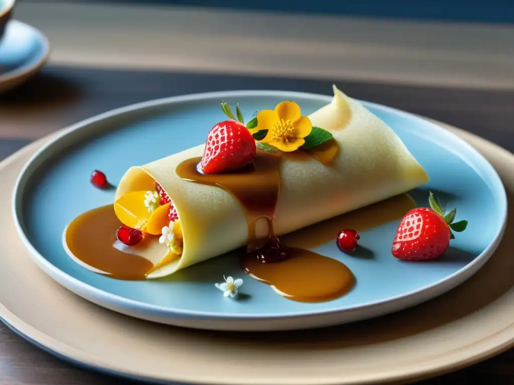 Un crepe japonés gourmet exquisito con matcha, fresas frescas, flores comestibles y salsa de caramelo yuzu, en un entorno de jardín japonés sereno