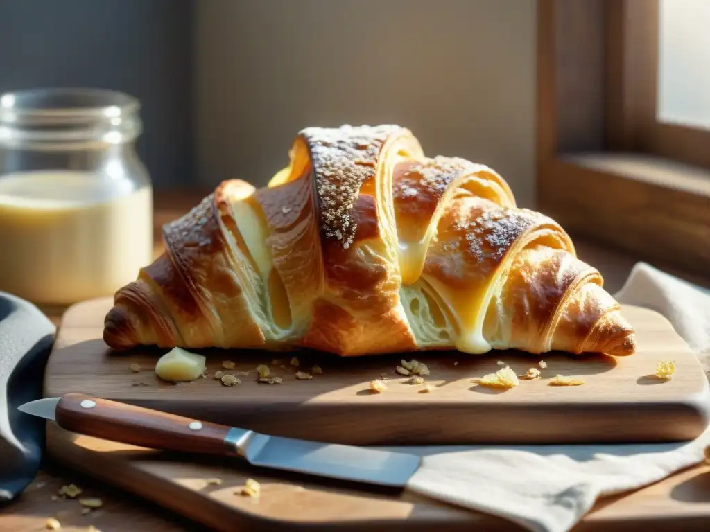 Un croissant dorado recién horneado con capas perfectas y un brillo mantequilloso, en una escena gourmet acogedora