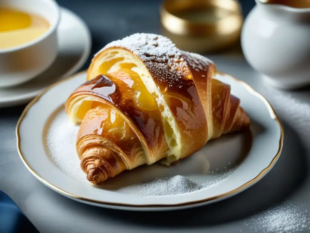 Un croissant gourmet con capas perfectas y doradas, acompañado de mantequilla, en una elegante vajilla blanca