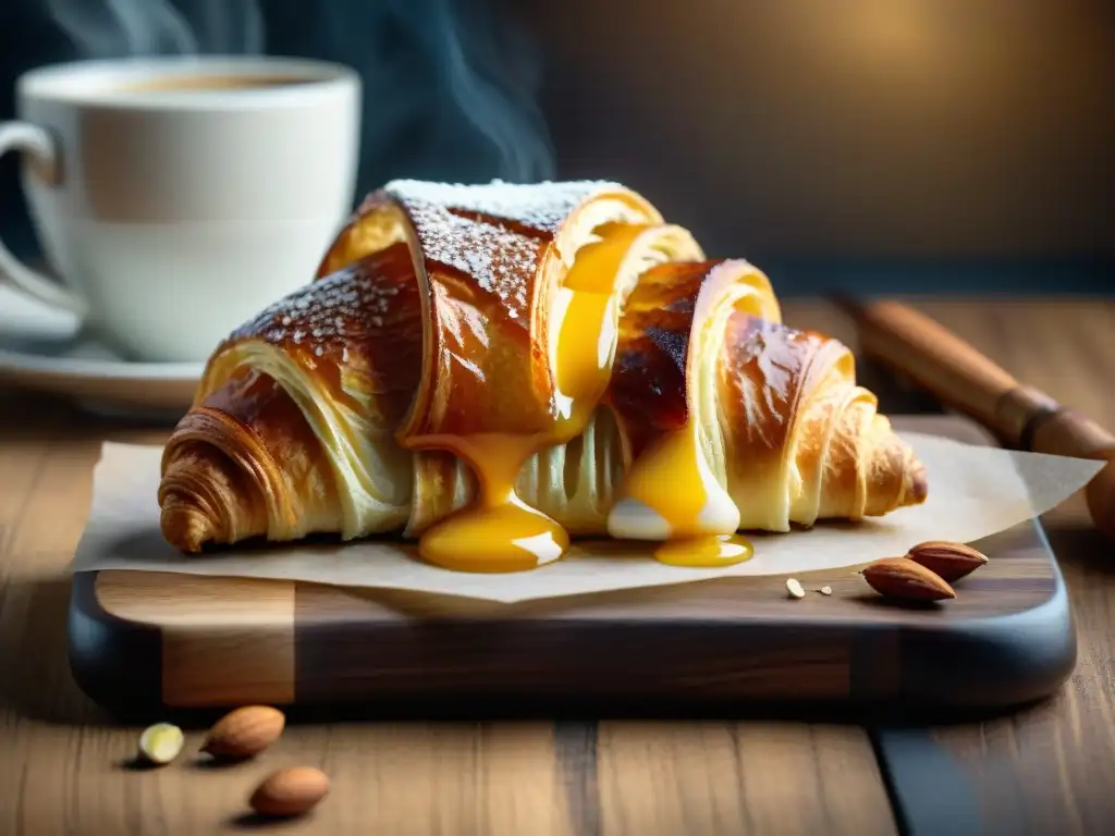 Un croissant gourmet con capas perfectas, miel dorada y almendras tostadas, junto a un espresso