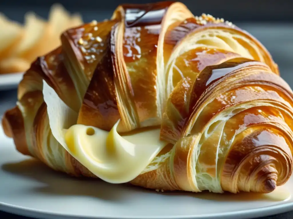 Un croissant recién horneado, dorado y escamoso, con capas perfectas que revelan el secreto detrás de su exquisita textura