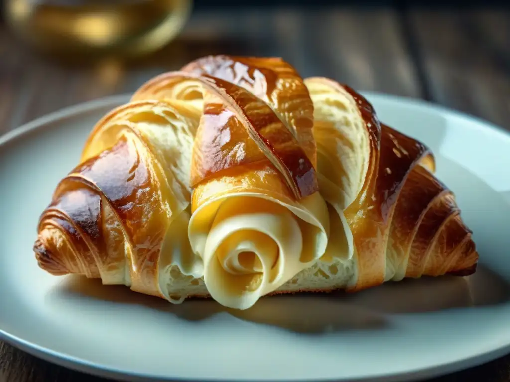 Un croissant recién horneado con capas perfectas y doradas, resaltando su textura y brillo